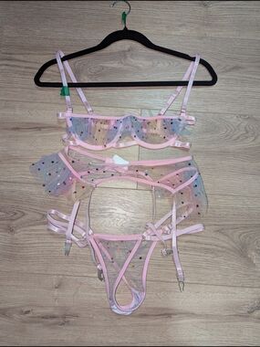 SHEIN Pink Star-Embellished Mesh Lingerie Set